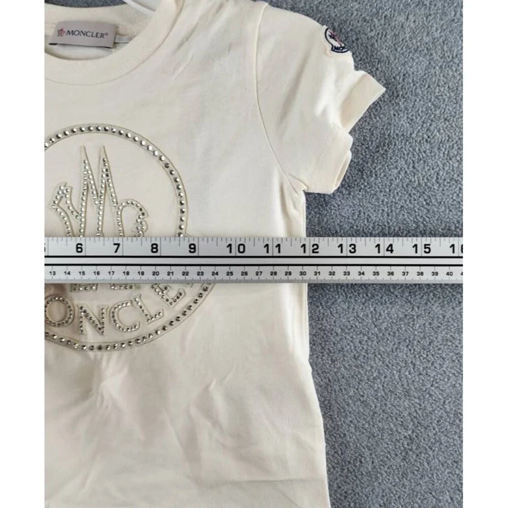 Moncler Logo Studded Graphic T-Shirt Girls 4A Cream Short Sleeve Crew Neck